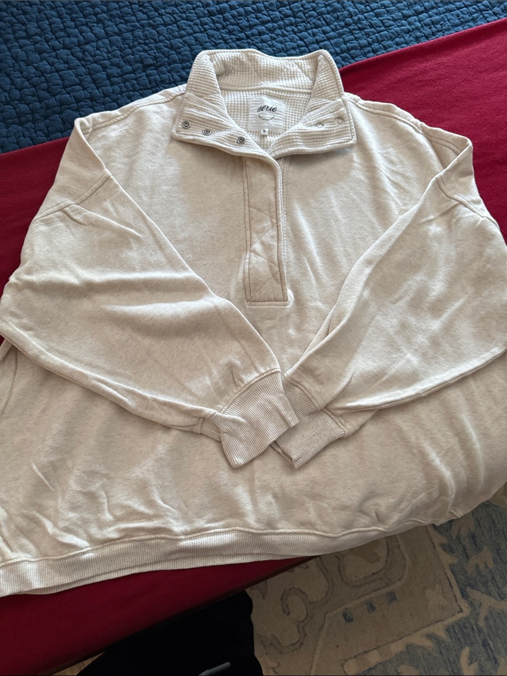 aerie Cream Quarter-Snap Cowl Pullover Sweater